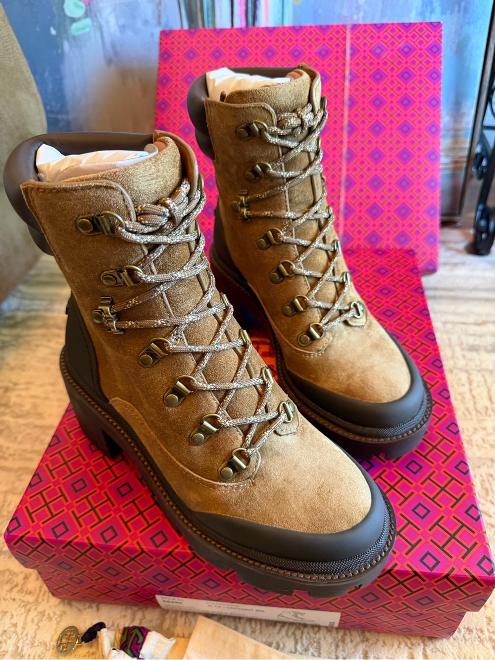 Tory Burch Suede Lug Sole Lace-Up Hiker Ankle Boots